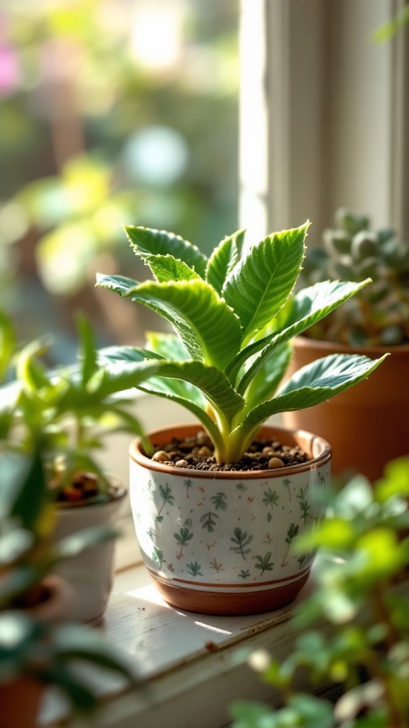 A Fairy Washboard plant with textured green leaves in a decorative pot, bright sunlight in the background