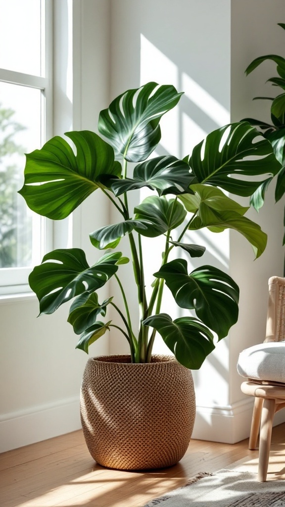 A tall fiddle leaf fig plant in a woven pot, positioned by a window with sunlight streaming in.