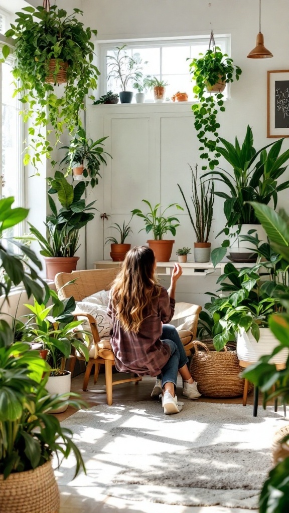 A cozy indoor space filled with various houseplants, showcasing a person enjoying the greenery.