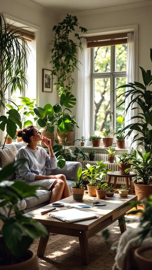 A cozy indoor space filled with various houseplants, showcasing a woman enjoying the greenery.