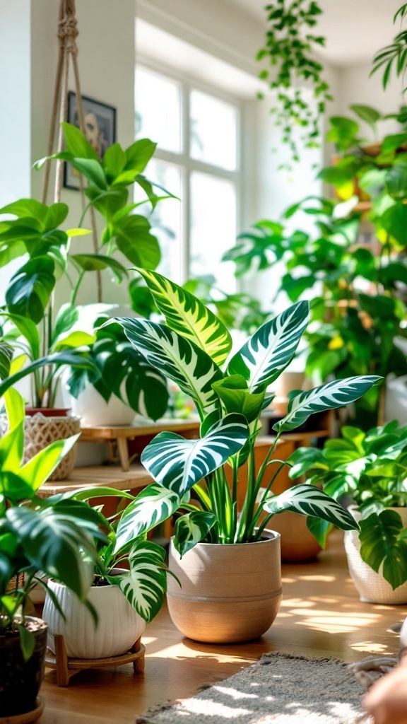 A collection of lush houseplants in bright pots, showcasing vibrant green leaves with unique patterns.