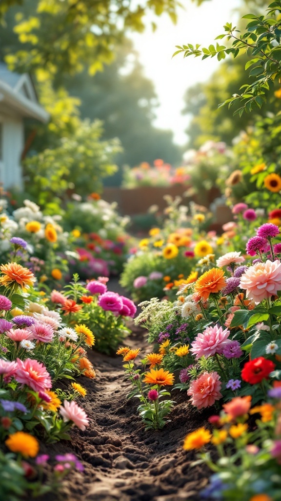 A colorful garden filled with a variety of flowers, showcasing vibrant blooms and lush greenery.