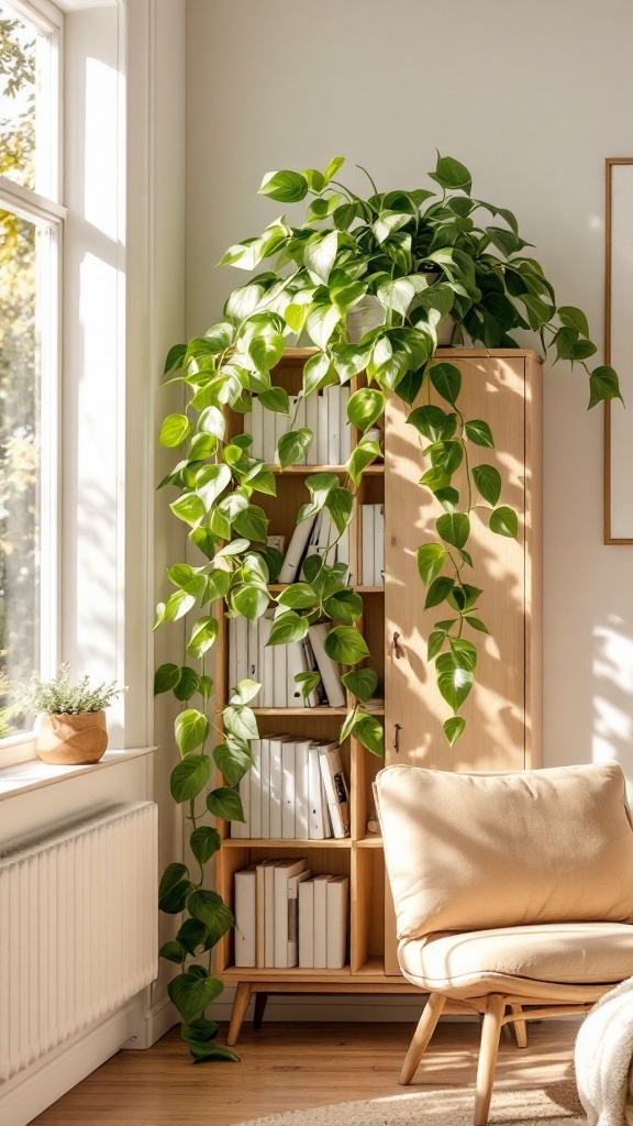 Golden Pothos plant cascading from a bookshelf in a bright room