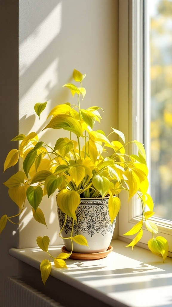 Golden Pothos plant with yellow-green leaves in a decorative pot on a windowsill