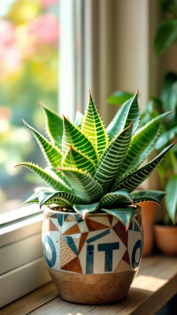 A vibrant Haworthia succulent in a decorative pot by a sunny window