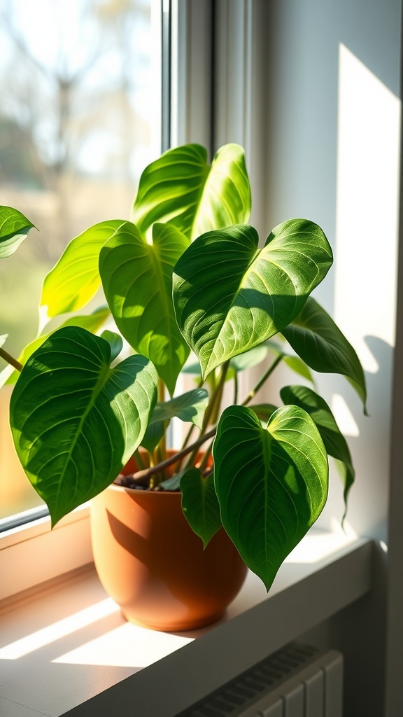 A Heartleaf Philodendron with vibrant green leaves sitting on a windowsill.