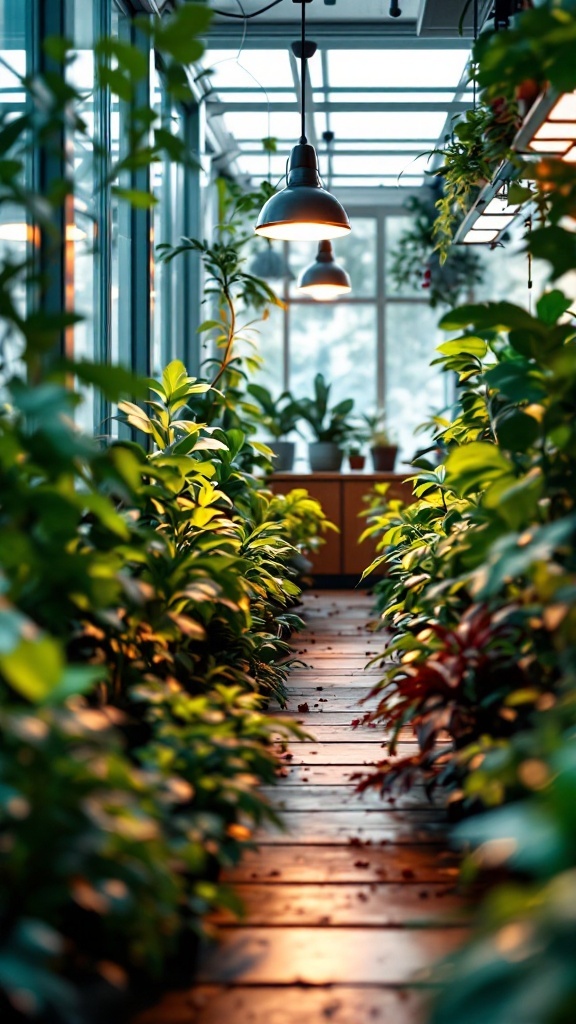 An indoor greenhouse filled with lush plants and modern grow lights, showcasing a vibrant and healthy plant environment.