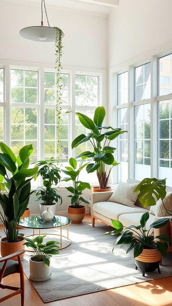 A bright living room filled with various houseplants, showcasing a cozy and inviting space.