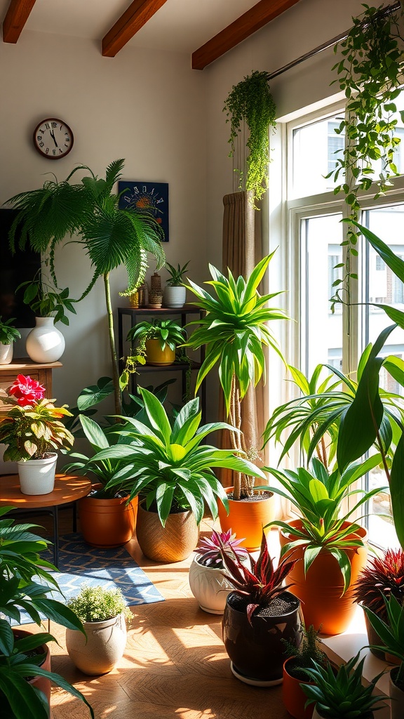 Bright indoor space filled with various houseplants.