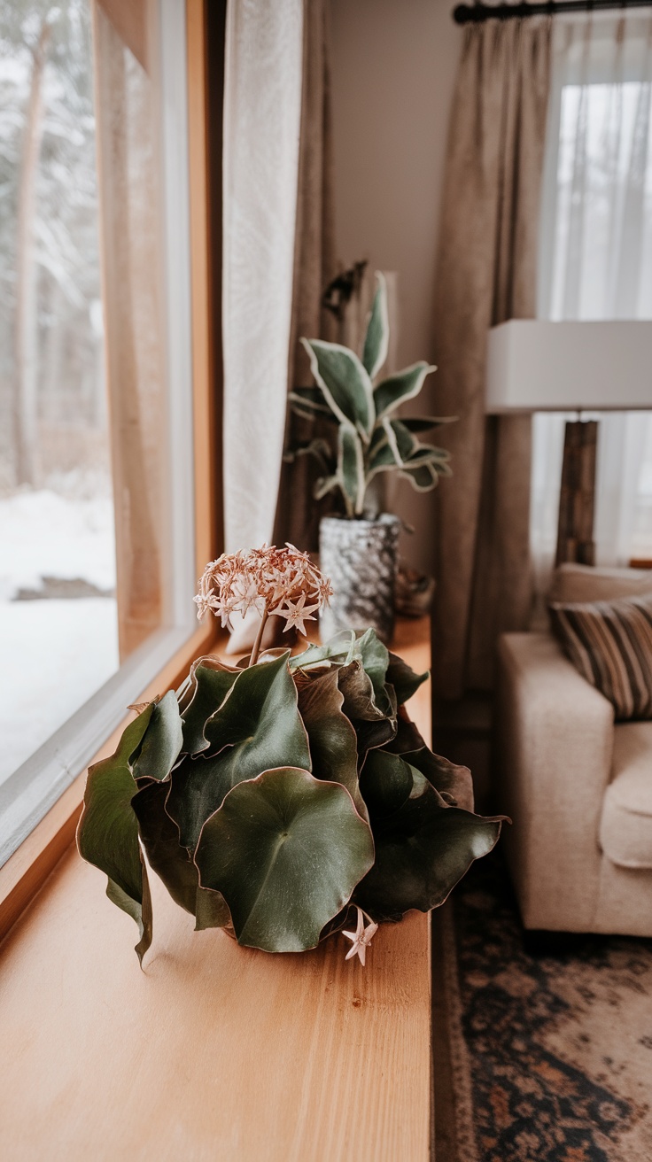 A beautiful Hoya plant with thick green leaves and delicate star-shaped flowers, displayed on a wooden surface by a window.