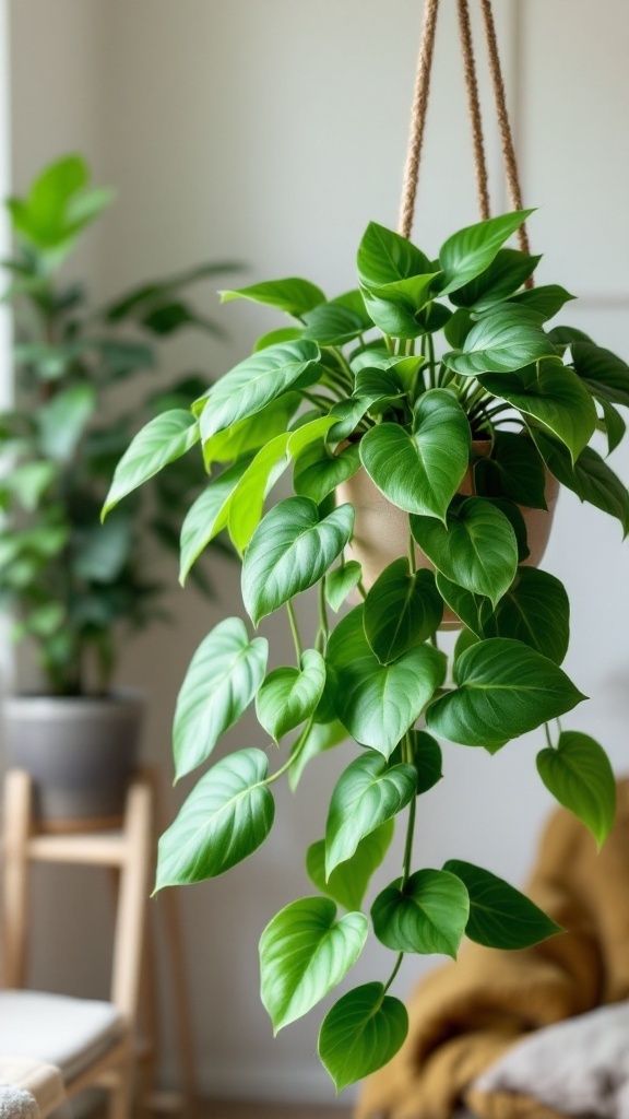 A green Hoya plant hanging in a modern indoor setting