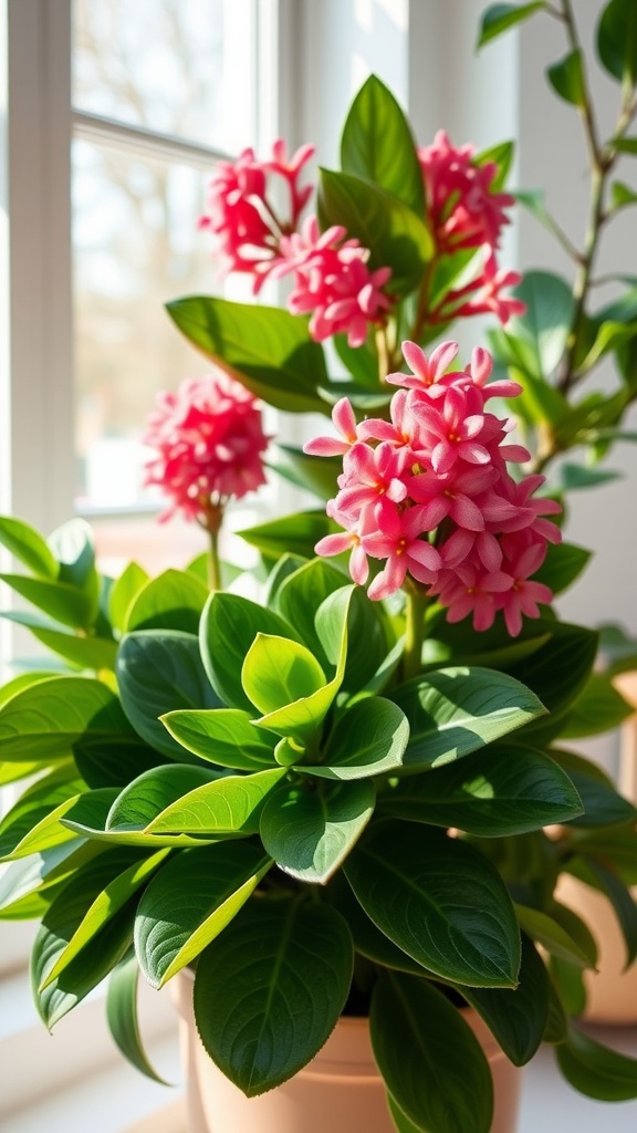 A close-up of a Hoya Carnosa plant with lush green leaves and pink waxy flowers.