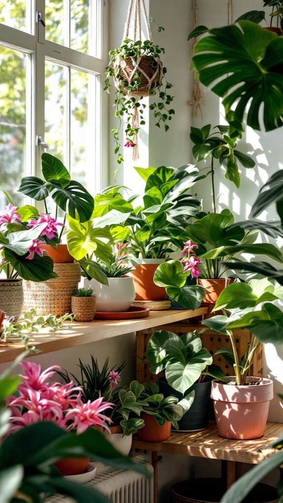 A bright interior filled with various houseplants, including Hoyas, showcasing their lush foliage and vibrant flowers.