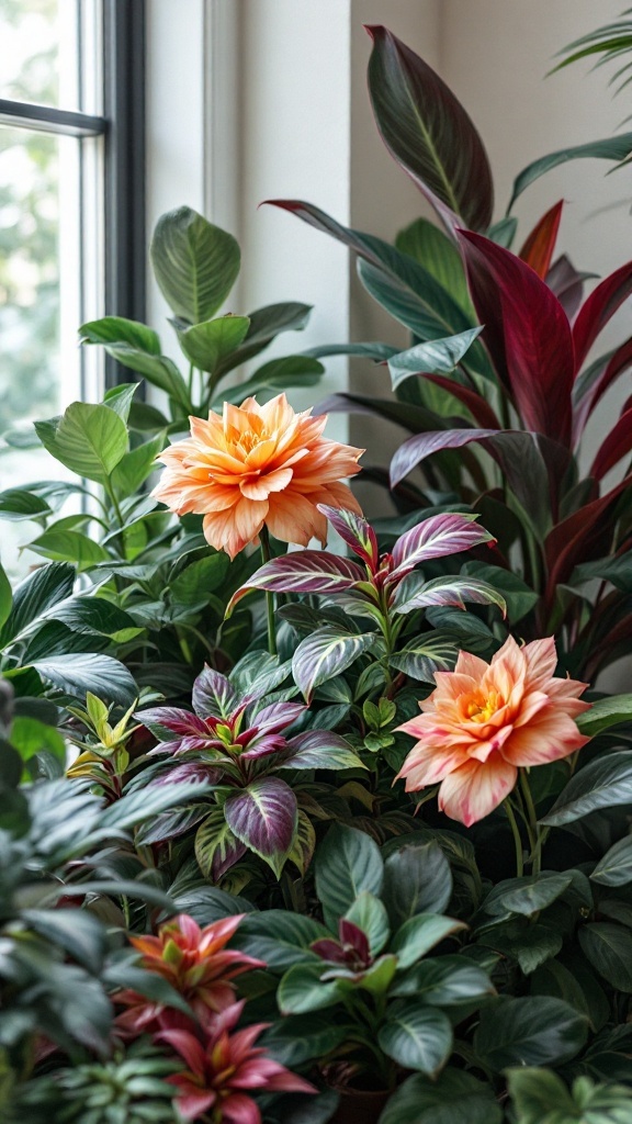 A lush display of hybrid and colorful foliage plants with vibrant flowers and leaves, perfect for showcasing new houseplant trends.