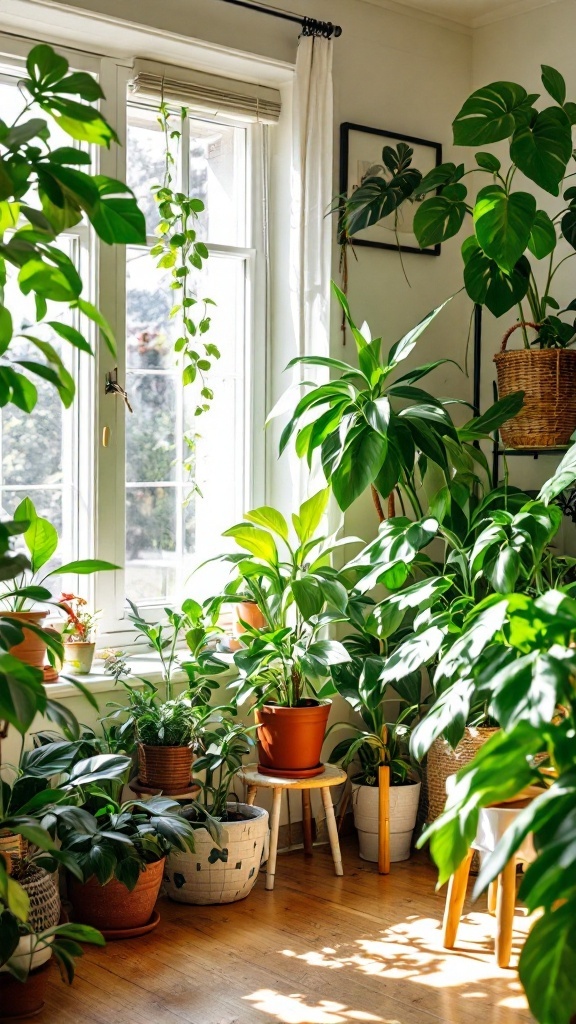 A bright room filled with various houseplants near a window.