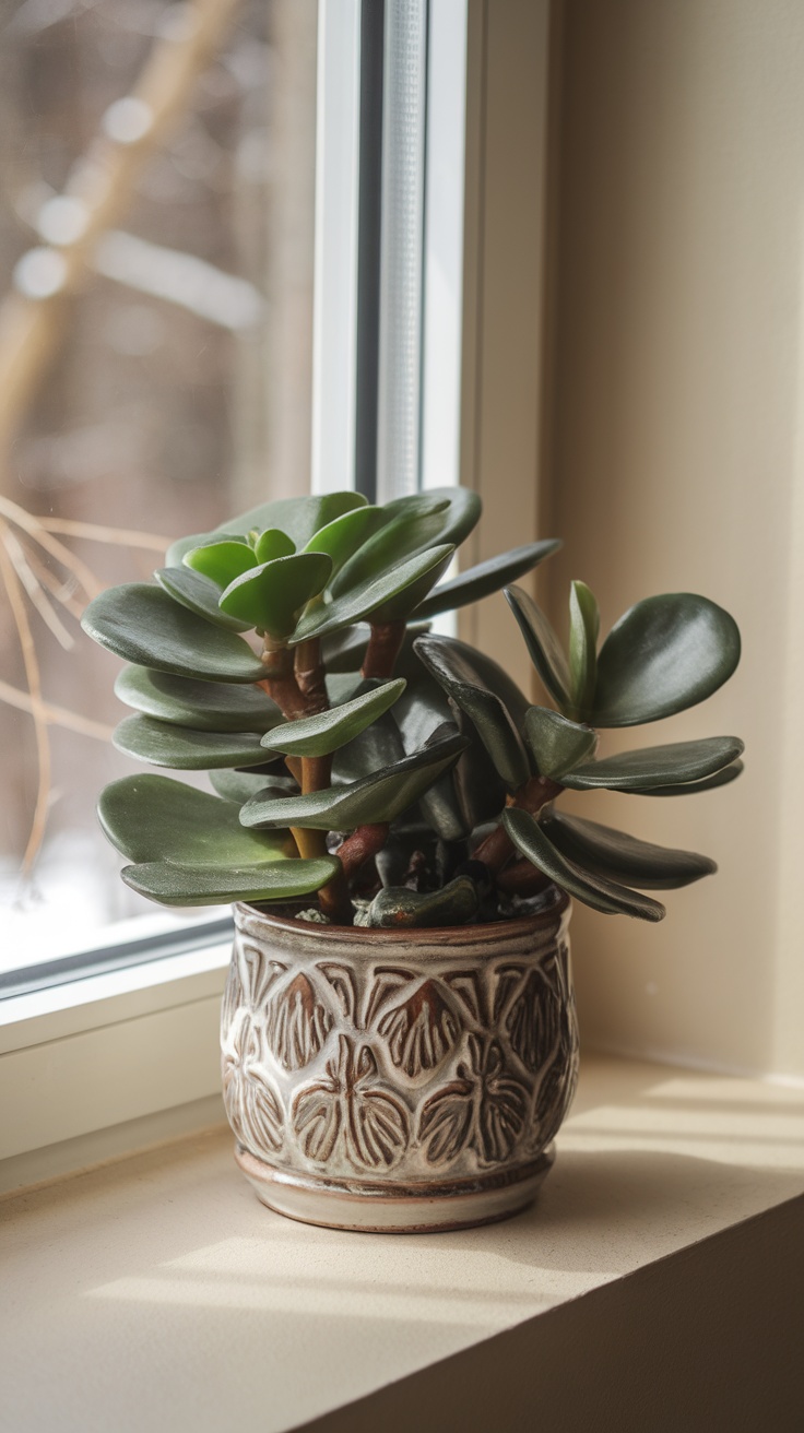 A jade plant with thick green leaves in a decorative pot, placed on a windowsill with soft natural light.