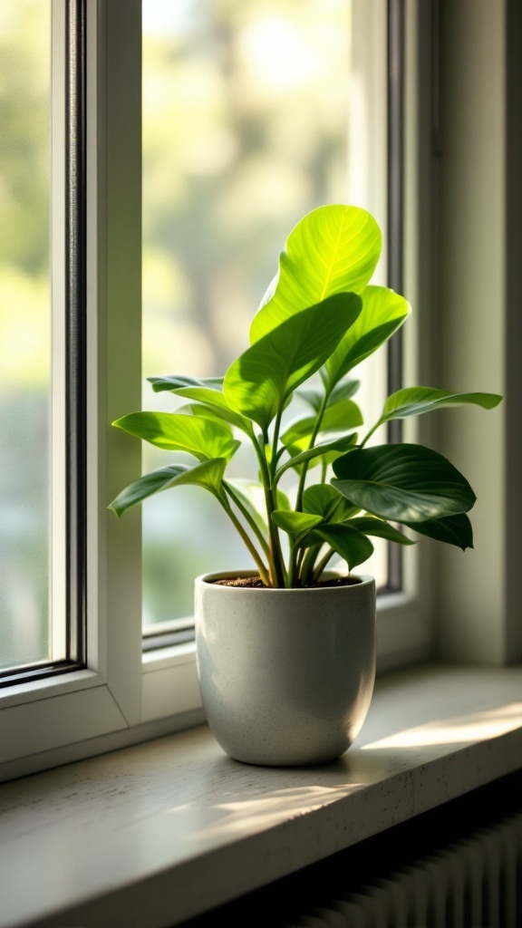 A jade plant with thick, glossy leaves in a grey pot, placed on a windowsill