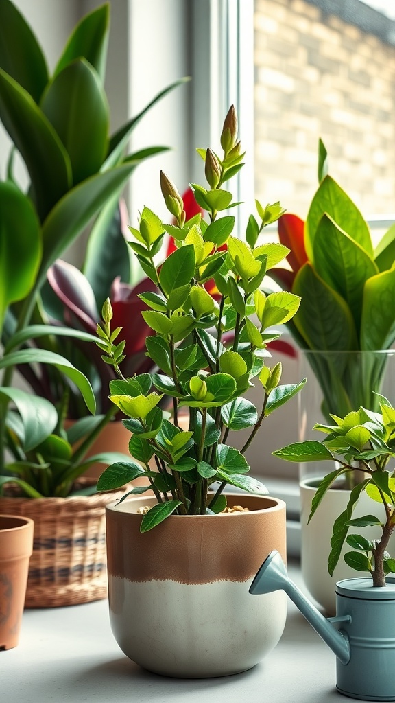 A Jade Plant in a decorative pot with a small watering can beside it, surrounded by other houseplants.