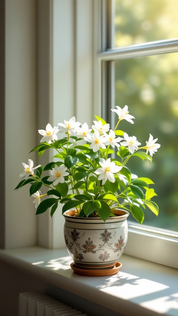 A jasmine plant with white flowers in a decorative pot on a windowsill