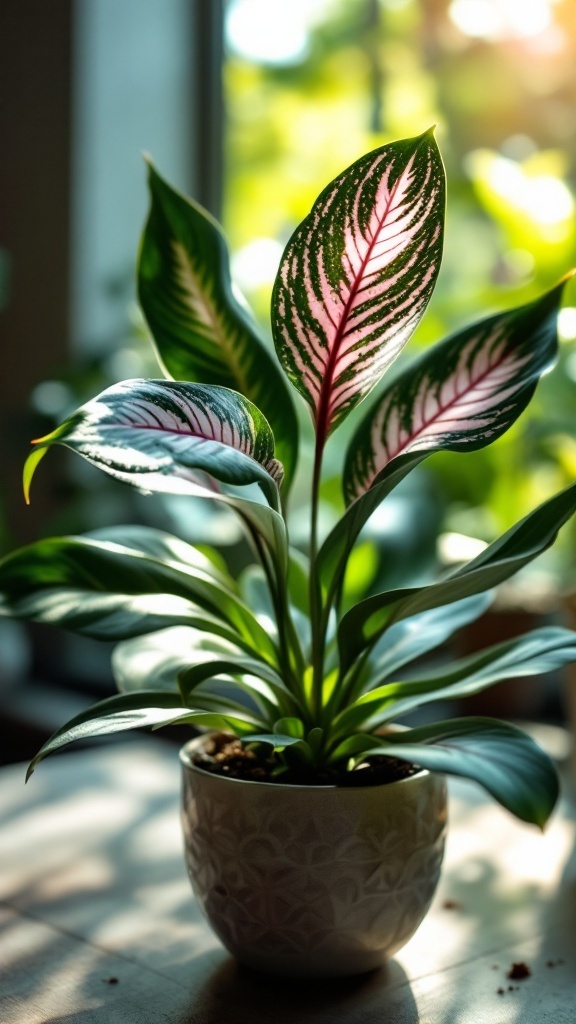 A Jewel Orchid with striking green and burgundy leaves in a decorative pot.