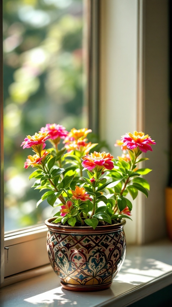 A vibrant Kalanchoe plant with colorful flowers placed on a windowsill.