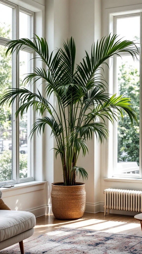 Kentia Palm in a stylish woven pot near large windows