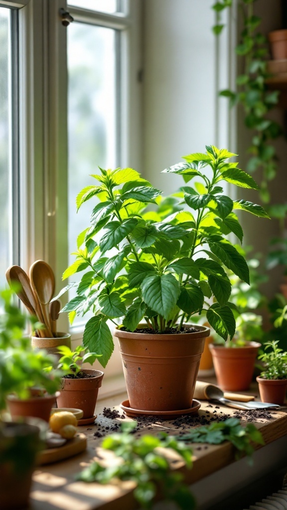 A healthy lemon balm plant in a pot, sitting by a sunny window with other herbs.