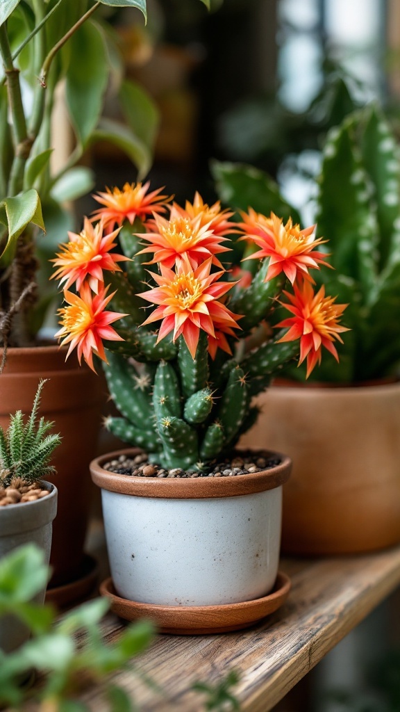 Lifesaver Cactus with vibrant orange flowers in a pot