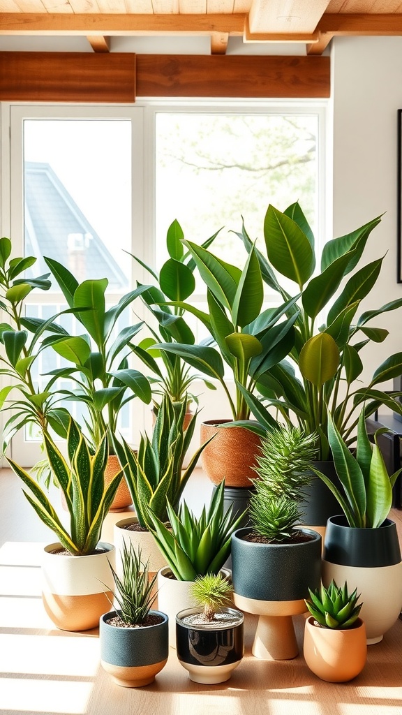 A bright living room with a pink couch surrounded by various houseplants, featuring light-colored walls and wooden flooring.