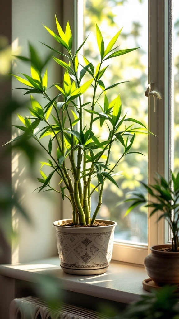 Lucky Bamboo plant in a decorative pot near a window