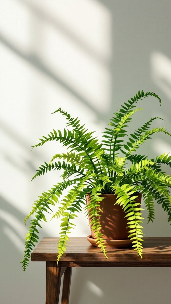 A vibrant Maidenhair Fern in a pot on a wooden table with soft shadows behind it.