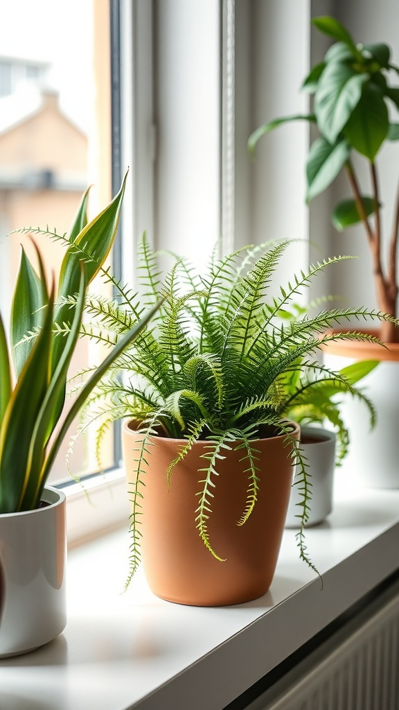 A Maidenhair Fern in a terracotta pot on a windowsill with other houseplants.