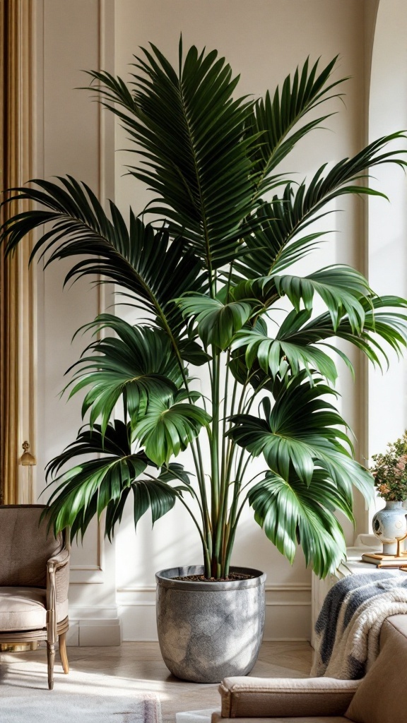 A tall Majesty Palm plant in a stylish room with elegant decor.