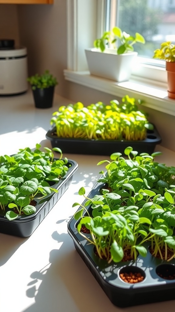 A variety of indoor plants, including microgreens, on a windowsill, showcasing a vibrant indoor garden.