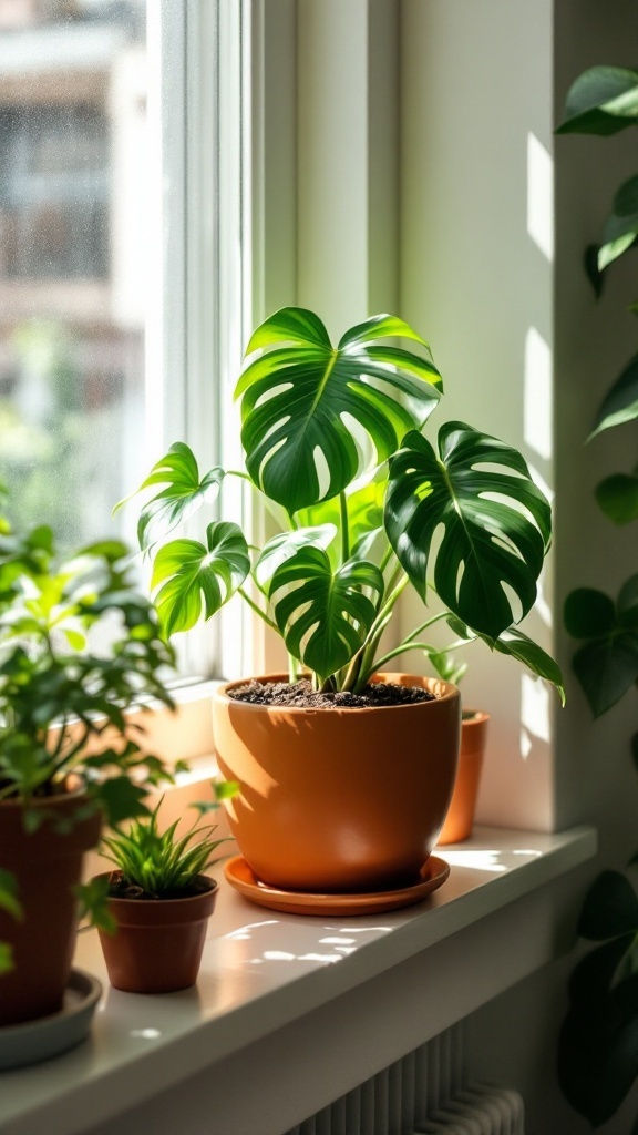 A Mini Monstera plant in a terracotta pot placed on a windowsill, surrounded by smaller plants.