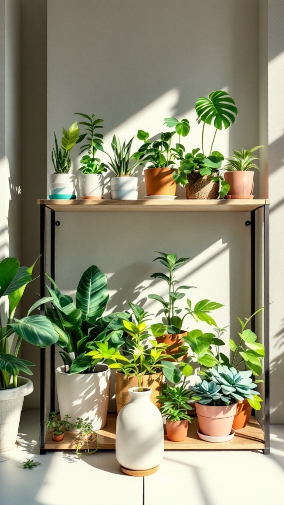 A collection of miniature and compact houseplants on a wooden shelf, showcasing various colors and textures.