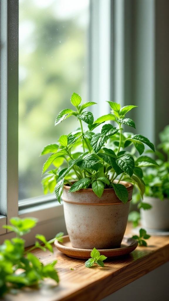 A healthy mint plant in a pot on a windowsill, surrounded by bright green leaves.