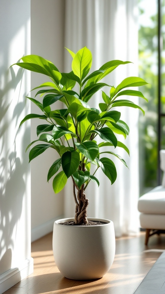 A healthy Money Tree (Pachira Aquatica) in a modern pot, showcasing bright green leaves and a braided trunk.