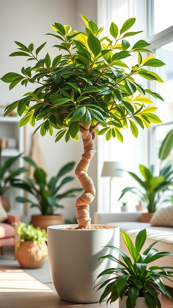 A Money Tree with a braided trunk and bright green leaves in a modern indoor setting.