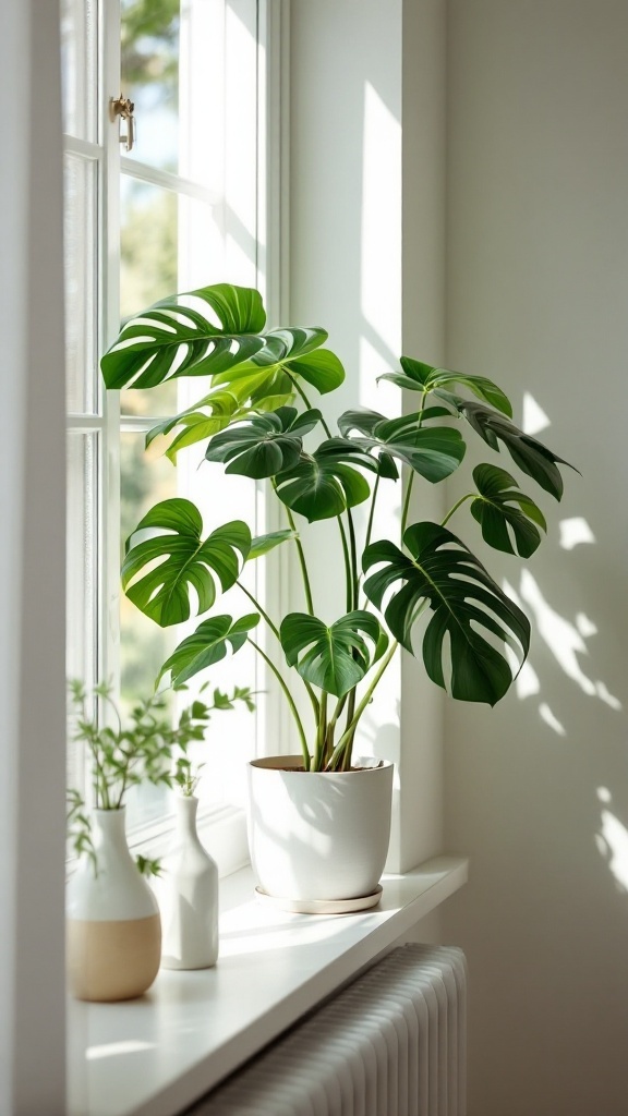 A healthy Monstera plant with large leaves positioned by a sunny window.