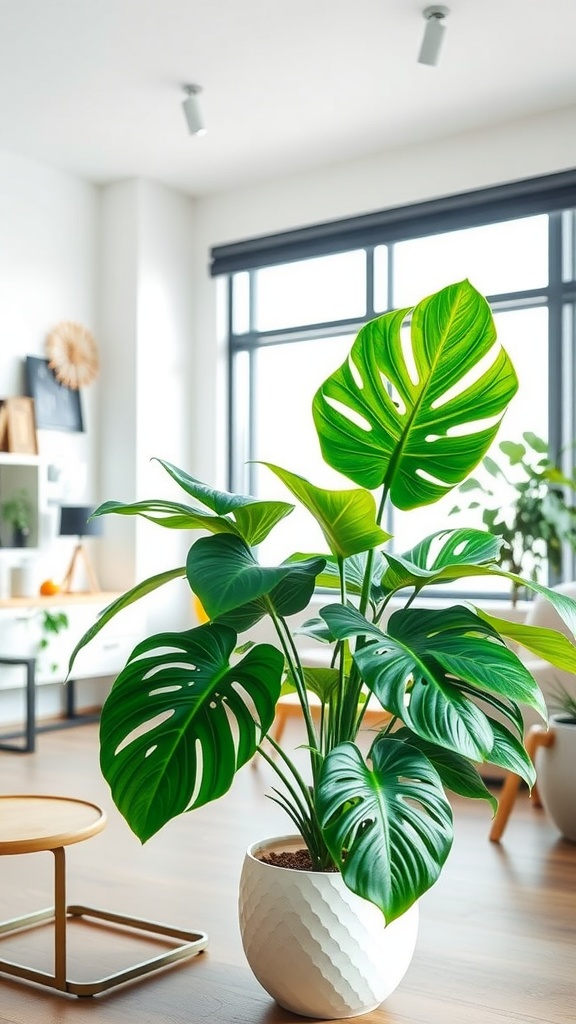 A healthy Monstera Deliciosa plant in a decorative pot, showcasing its large green leaves in a bright indoor setting.