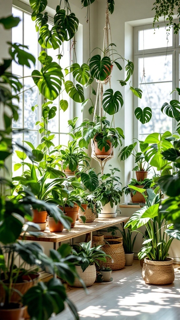 A bright room filled with various Monstera plants and other houseplants.