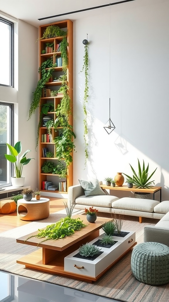 A cozy living room with various houseplants on a shelf and table, showcasing multi-functional plant furniture.