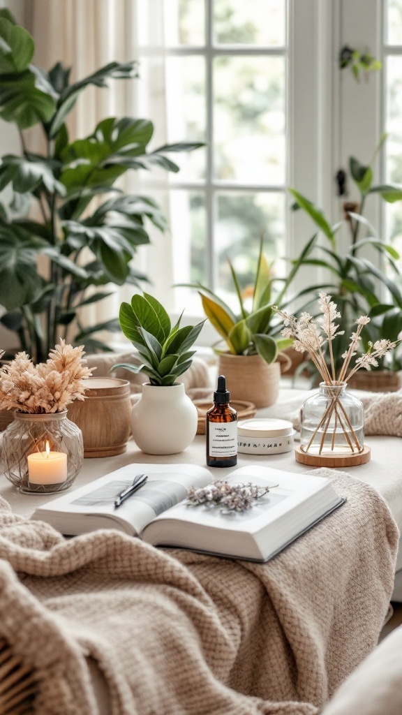 Bright living space with various houseplants and natural decor elements