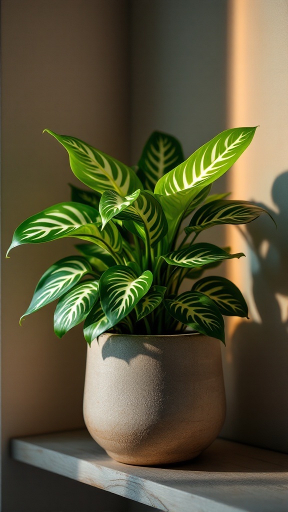 A Nerve Plant with vibrant green leaves and white veins in a neutral pot, sitting on a shelf with soft lighting.