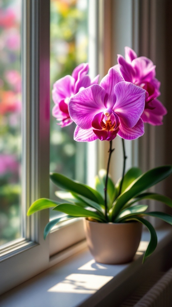 A beautiful display of purple orchids in a pot by a window