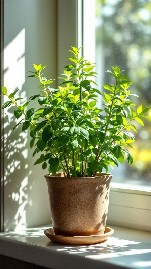 A healthy oregano plant in a pot near a sunny window