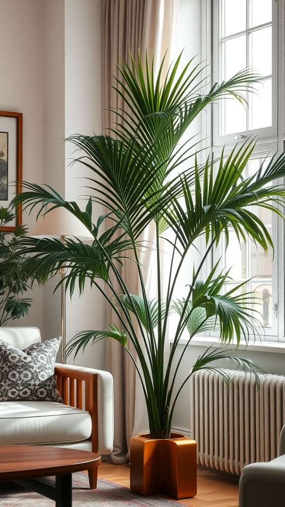 A tall Parlor Palm in a cozy living room setting