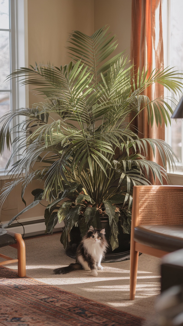 A Parlor Palm in a bright room with a cat resting nearby