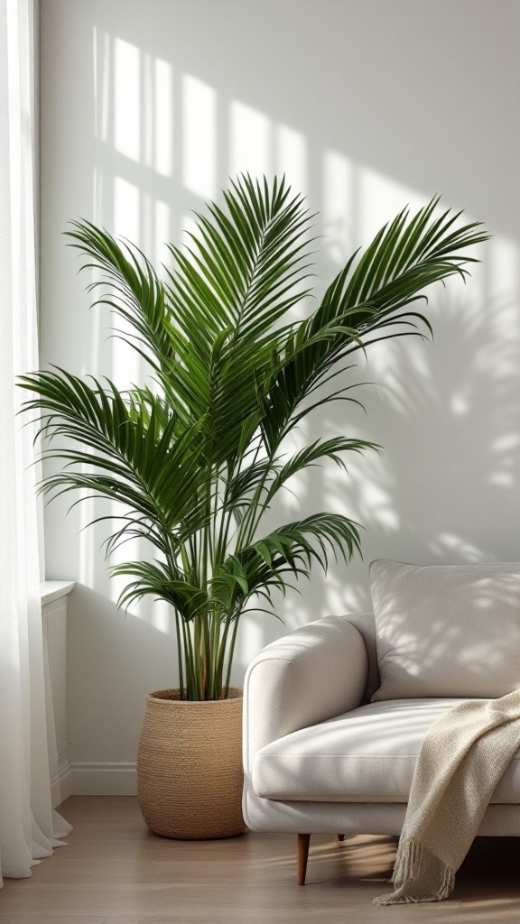 A Parlor Palm in a stylish living room next to a light-colored couch.